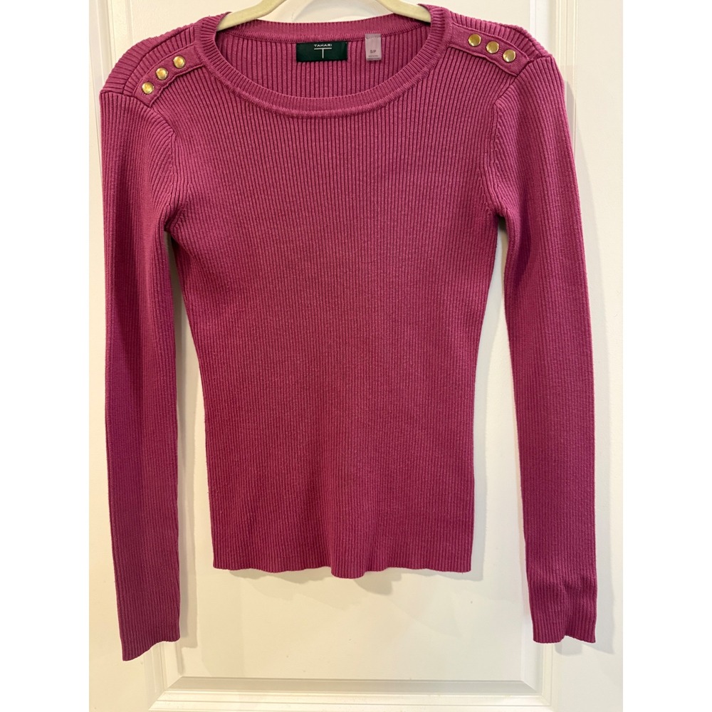 Tahari Womens Magenta Ribbed Knit Sweater‎ Gold Shoulder Button Long Sleeve S/P
